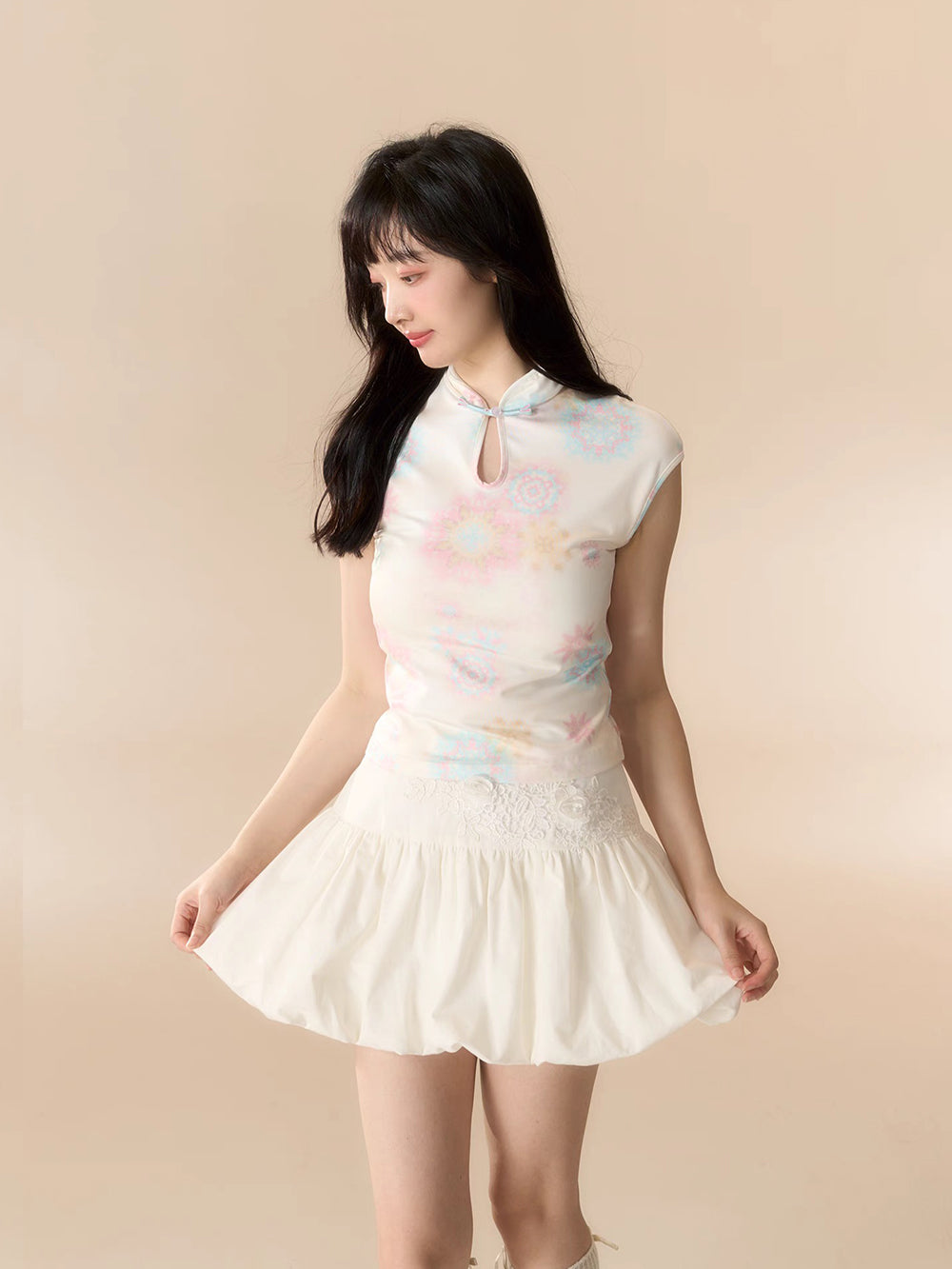 MUKTANK x LOUMUTAKU Mengze "Colorful Summer" niche girl kaleidoscope fireworks cheongsam collar dress set kaleidoscope skirt