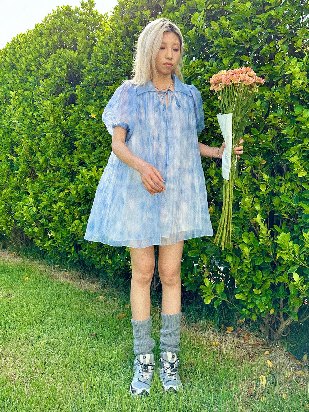 MUKTANK x TWOPLUMGIRLS Pleated Blue Organza Bubble Sleeve Summer Dress