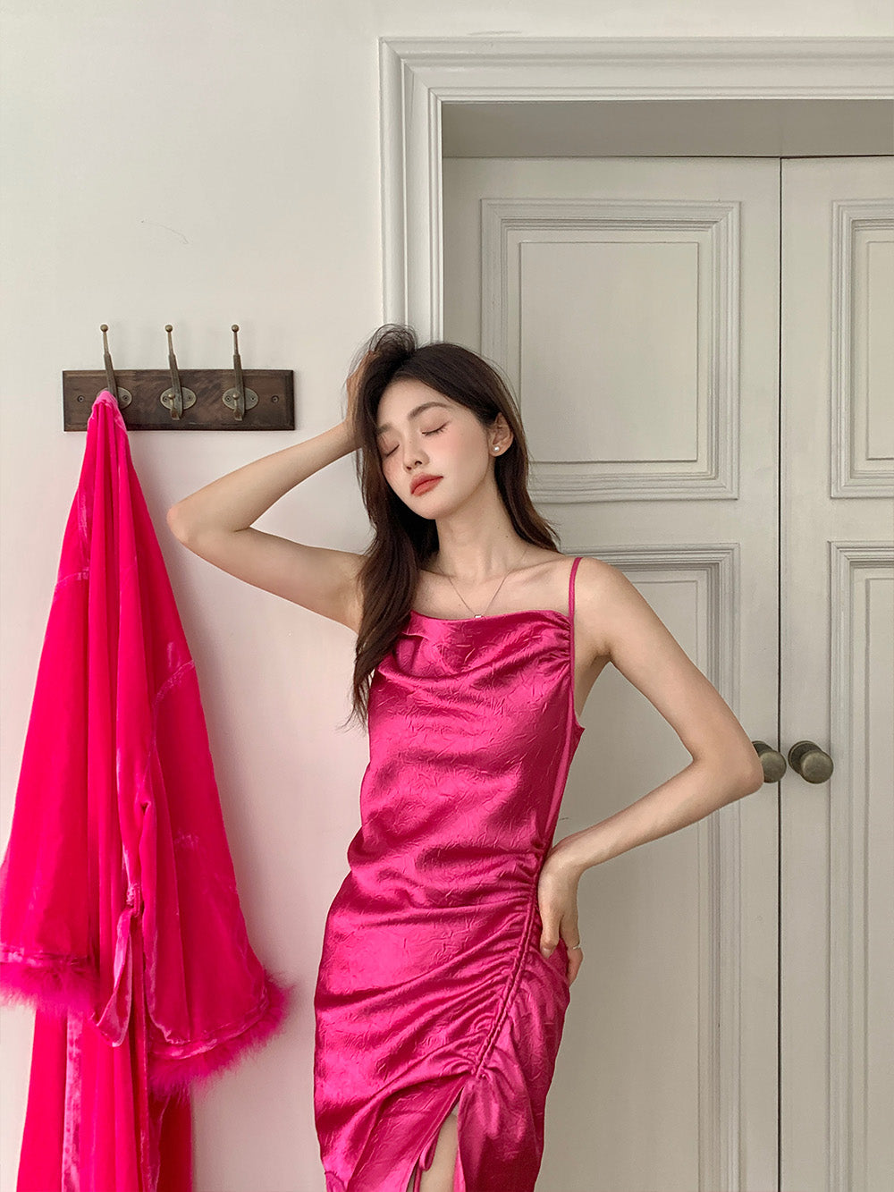WS Rose Red/Pink Side Slit Strap Night Dress M / Red