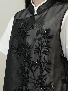 MUKZIN Black See-through Bamboo Leaf Embroidered Vest