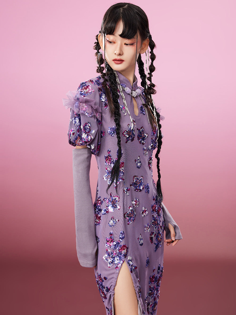 MUKZIN Charming Slim-fitting Purple Slit Original Cheongsam Dress