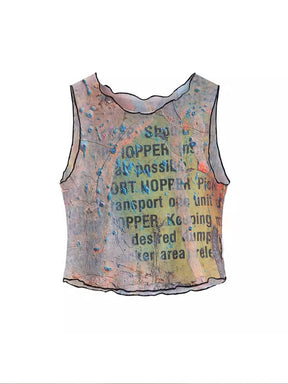 MUKTANK x Damage Asia Mottled Text Patterns Mesh Vest