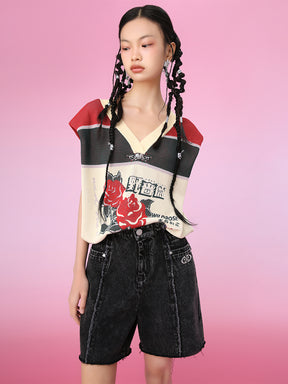 MUKZIN Stitching Color Matching Retro Style Printed Casual Vest