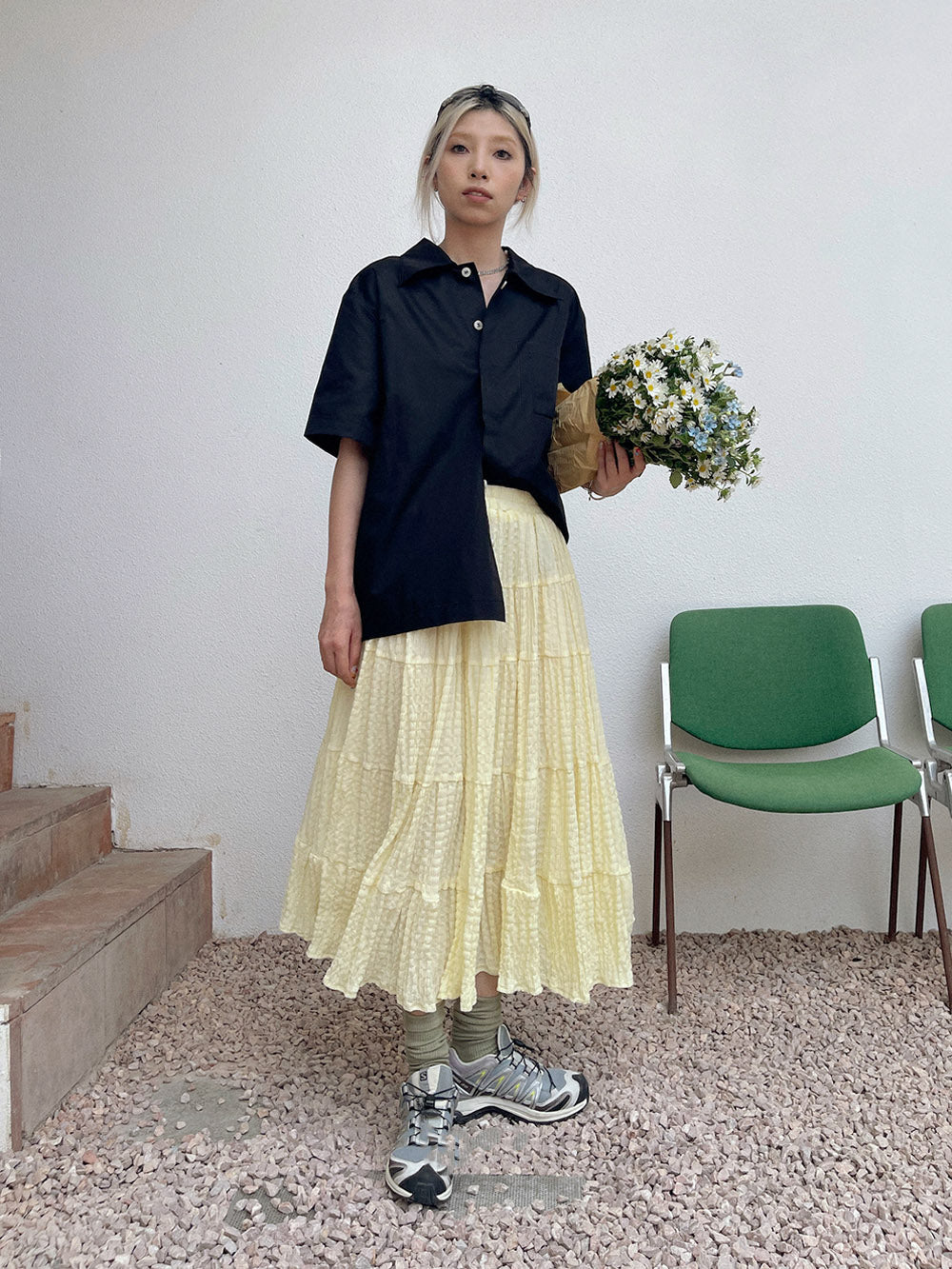 MUKTANK x TPG Yellow Crinkle Pleated Voluminous Vacation-Style A-Line Skirt