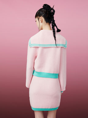 MUKZIN Pink and Green Color-blocking Knited Cardigan