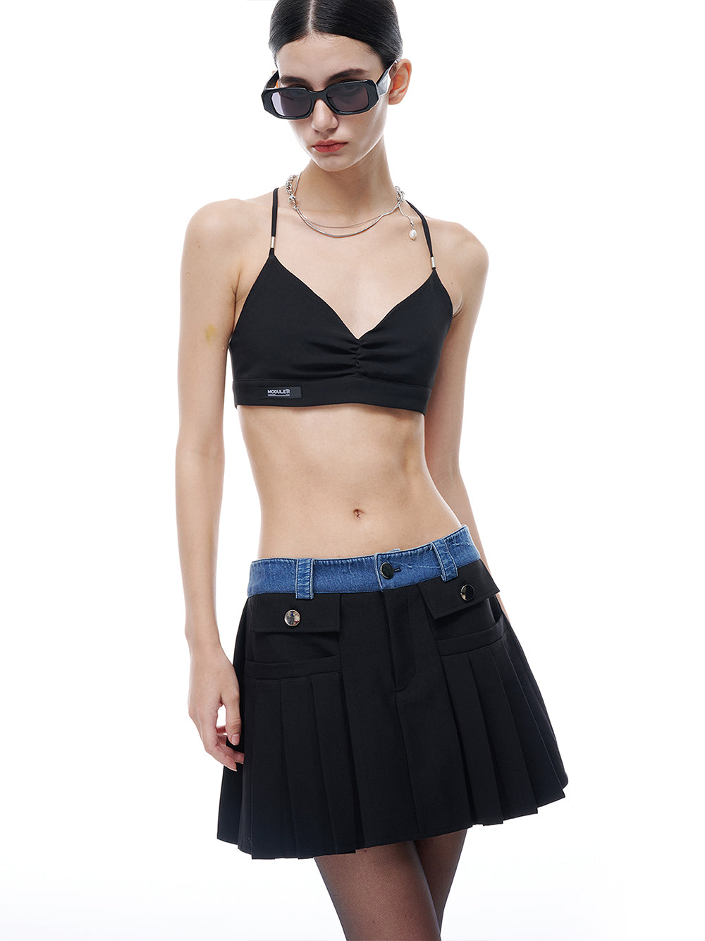 MUKTANK x MODULER A-line Pleated Skirt with Denim Waistband