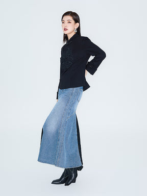 MUKZIN Linglong Old Denim Front Side Slit Patchwork Fishtail Skirt