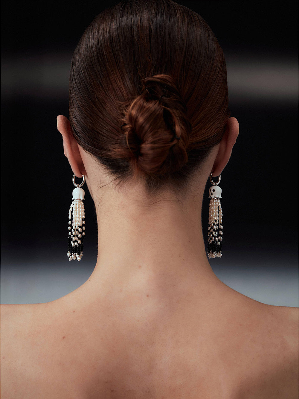 MUKTANK xPEARLONA DANGEROUS GARDEN-GHOSTFACE LILY Millet Pearl Tassel Earrings