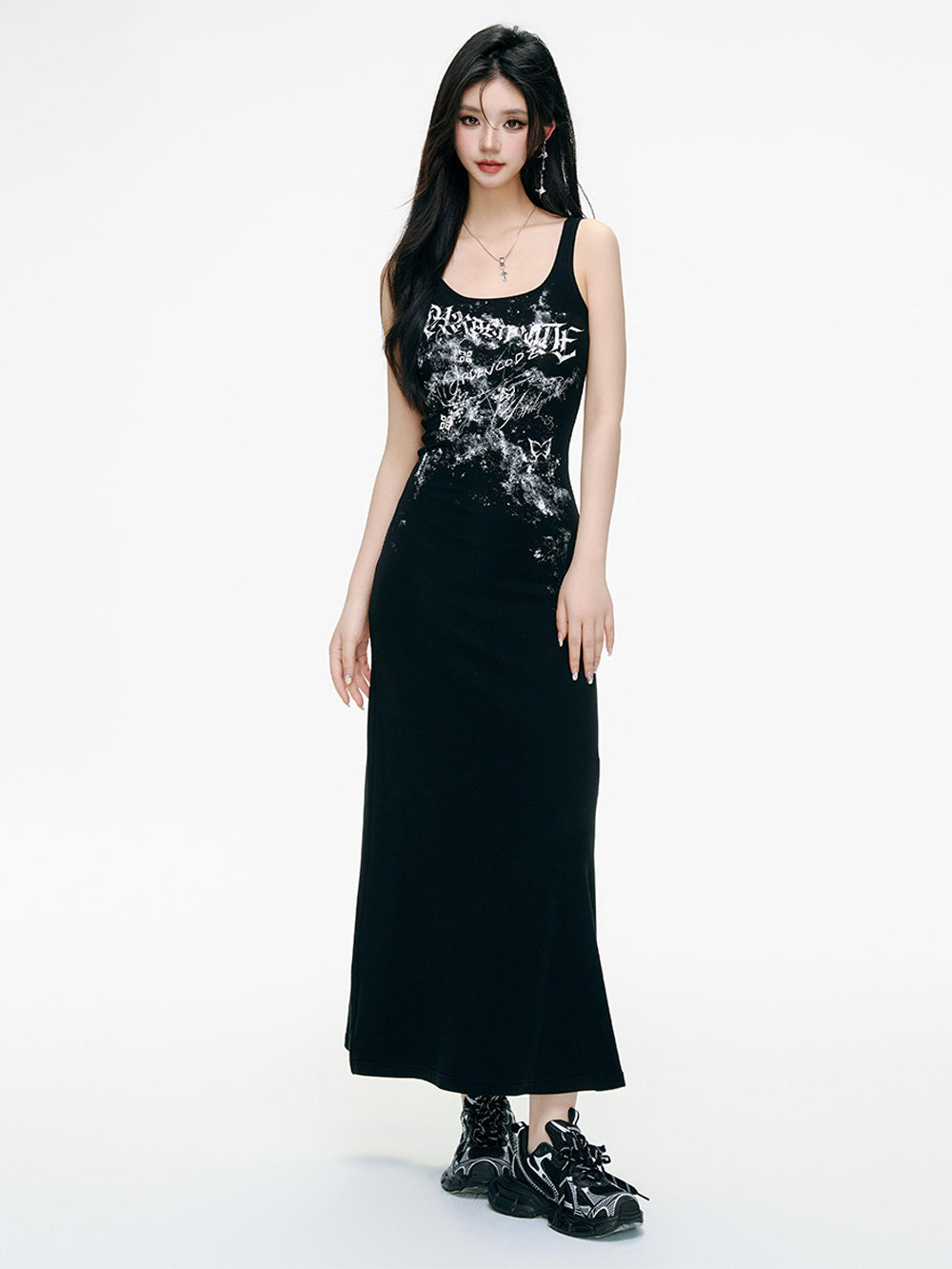 tight fitting maxi dress MUKTANK x ARDENCODE Print Graffiti Tight-Fitting Stretchy Knit Camisole Long Dress S
