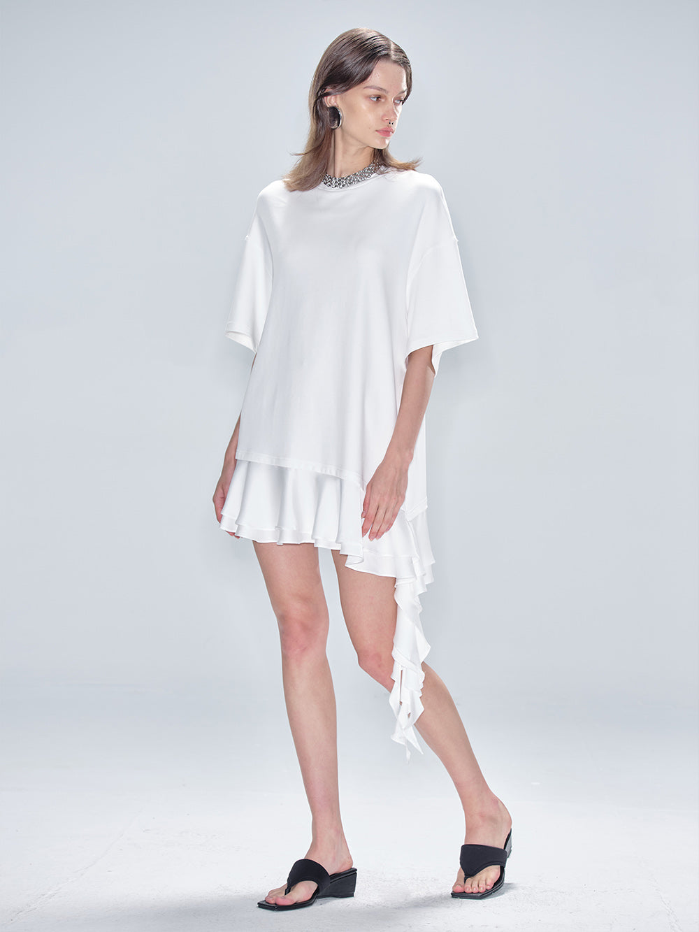 MUKTANK x MODULER Cotton Loose Asymmetrical Ruffle Design T-Shirt Dress