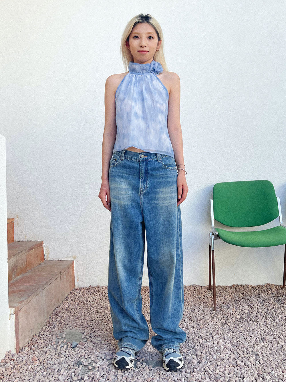MUKTANK x TWOPLUMGIRLS Tie-Dye Blue Halter Neck Floral Organza Tank Top