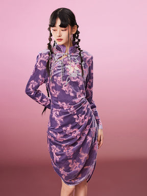 MUKZIN Waist Stand Collar Purple Embroidered Classic Cheongsam Dress