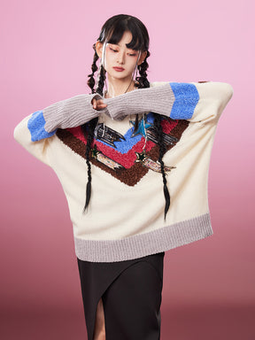 MUKZIN Retro V-neck PatchworkPopular Sweater Contrasting Colors