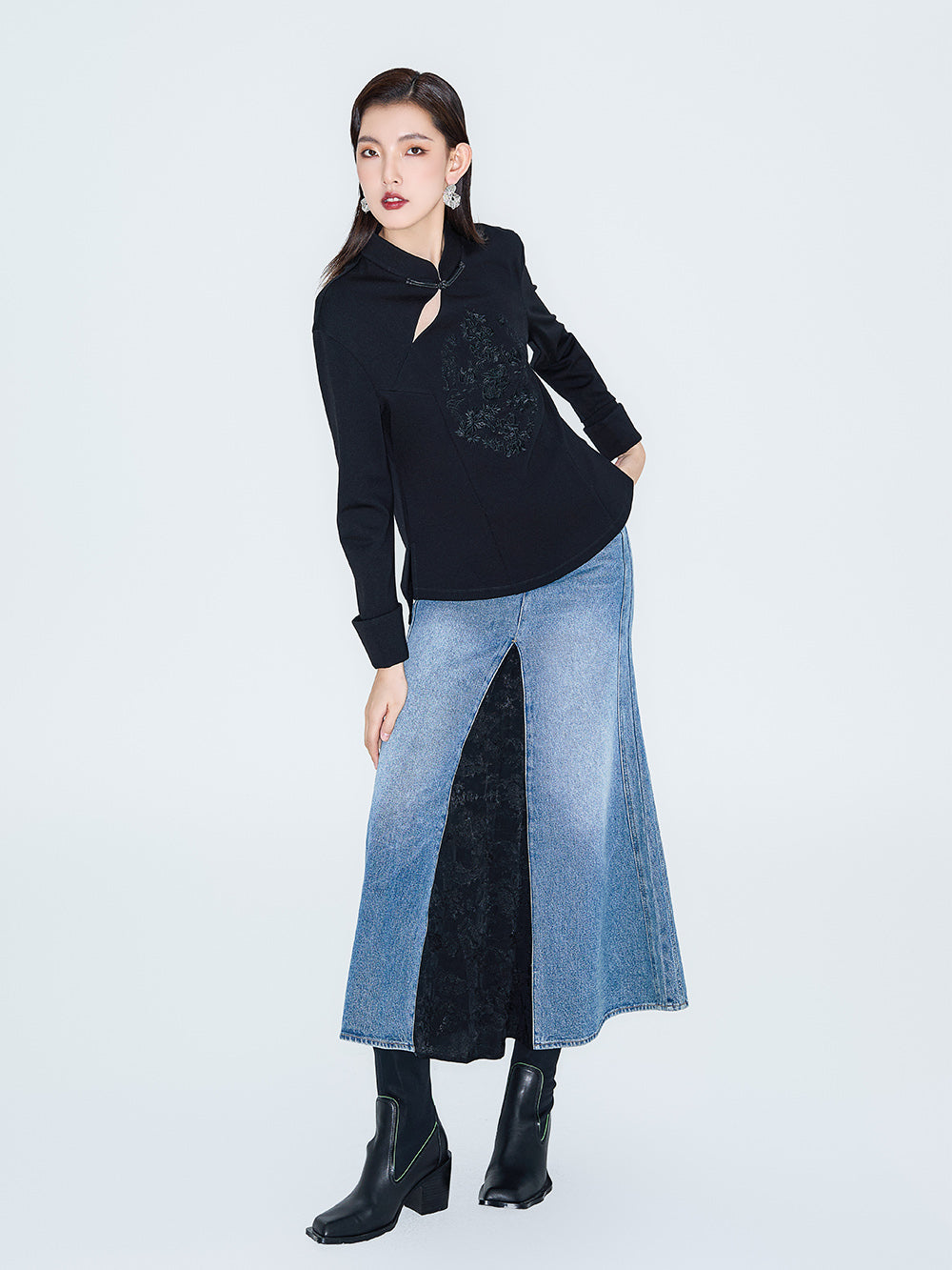 MUKZIN Linglong Old Denim Front Side Slit Patchwork Fishtail Skirt