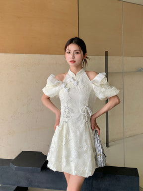 MUKZIN White Lace Off-shoulder Cheongsam QIPAO