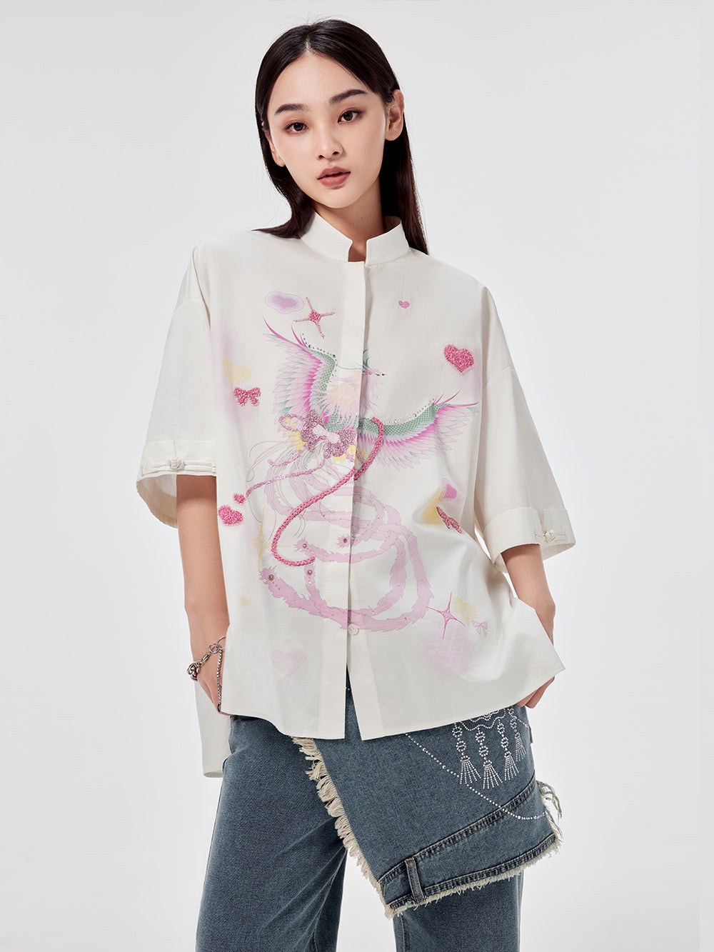 MUKZIN Chinese Stand Collar Printed Shirt