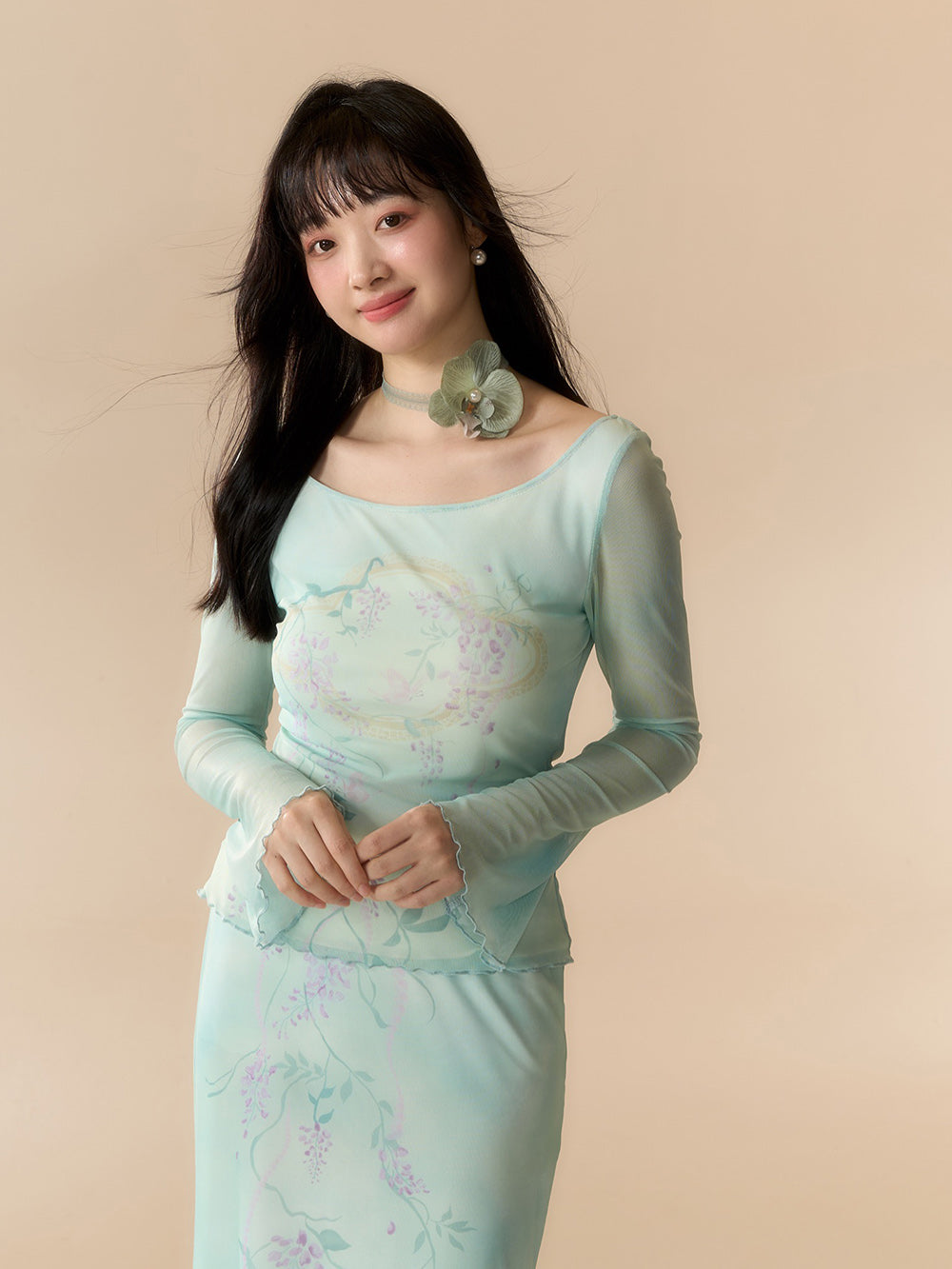 MUKTANK X LOUMUTAKU "Wisteria Summer" Hand-painted Purple and Green Vine One-shoulder Elastic Suit Violet Top