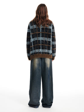 MUKTANK x WESAME Winter and Autumn Blue Faux Marten Fur Checked Knited Cardigan