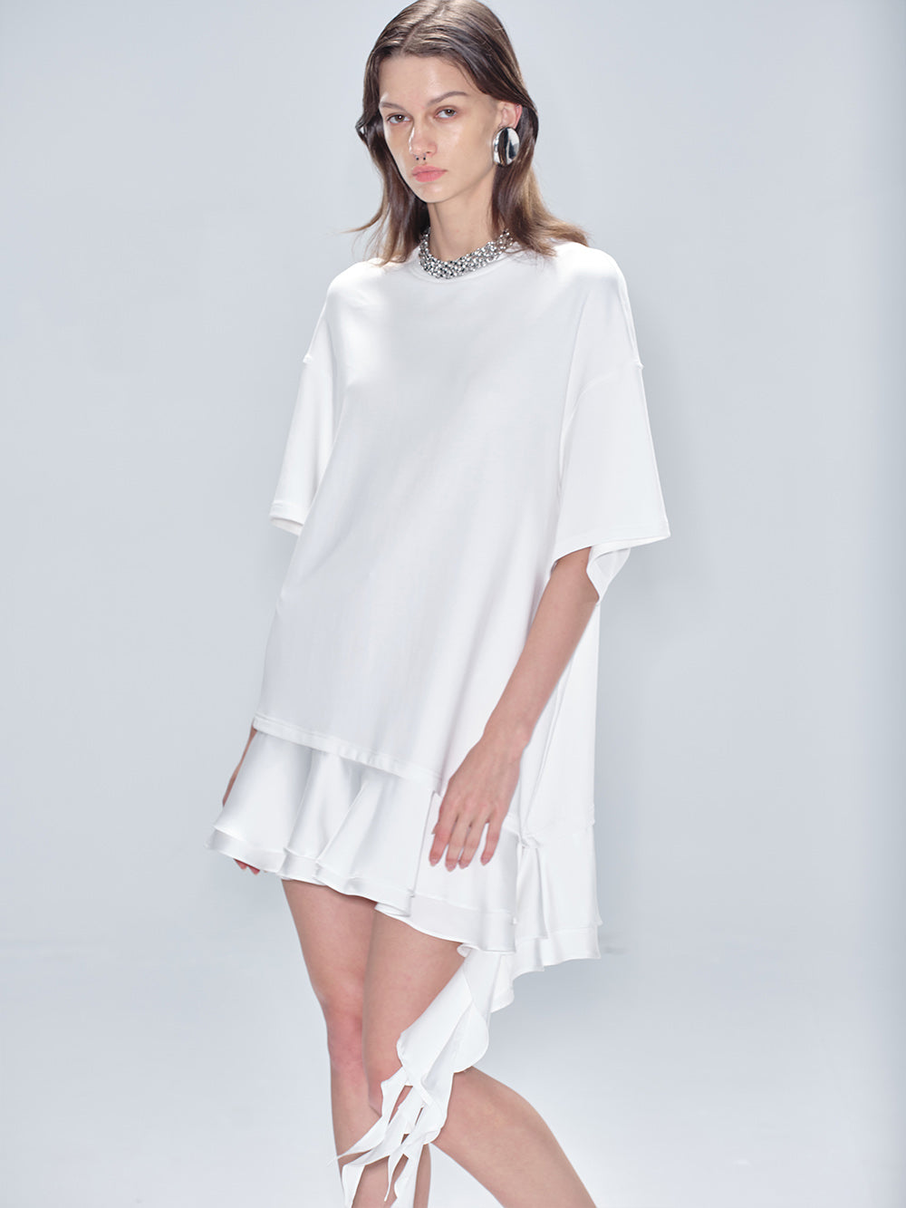 MUKTANK x MODULER Cotton Loose Asymmetrical Ruffle Design T-Shirt Dress