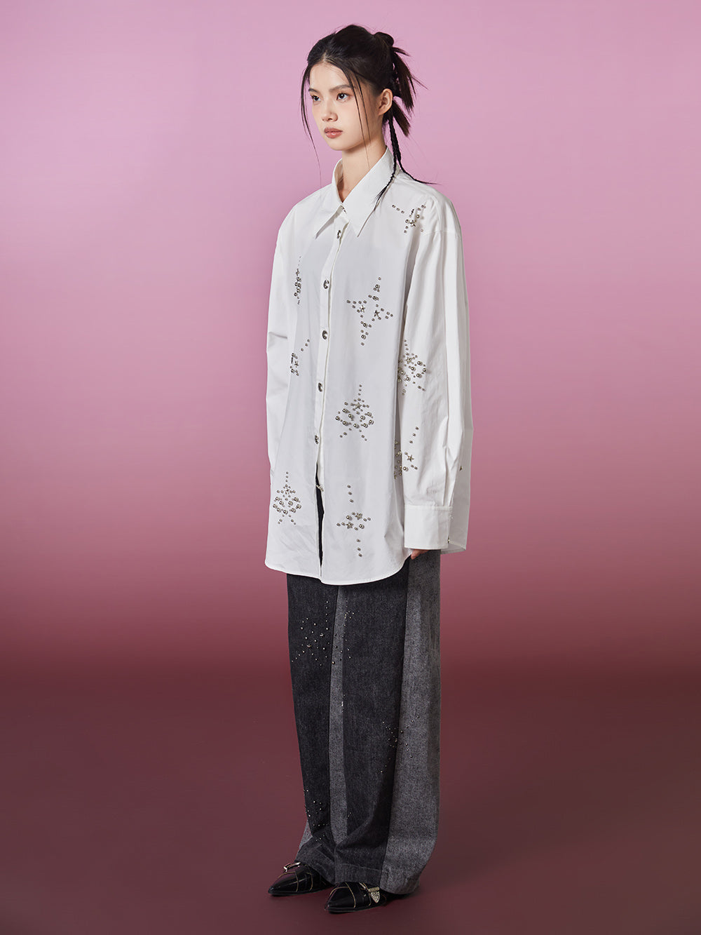 トップス MUKZIN MUKZIN Silver Rivets Loose-fitting White Shirt