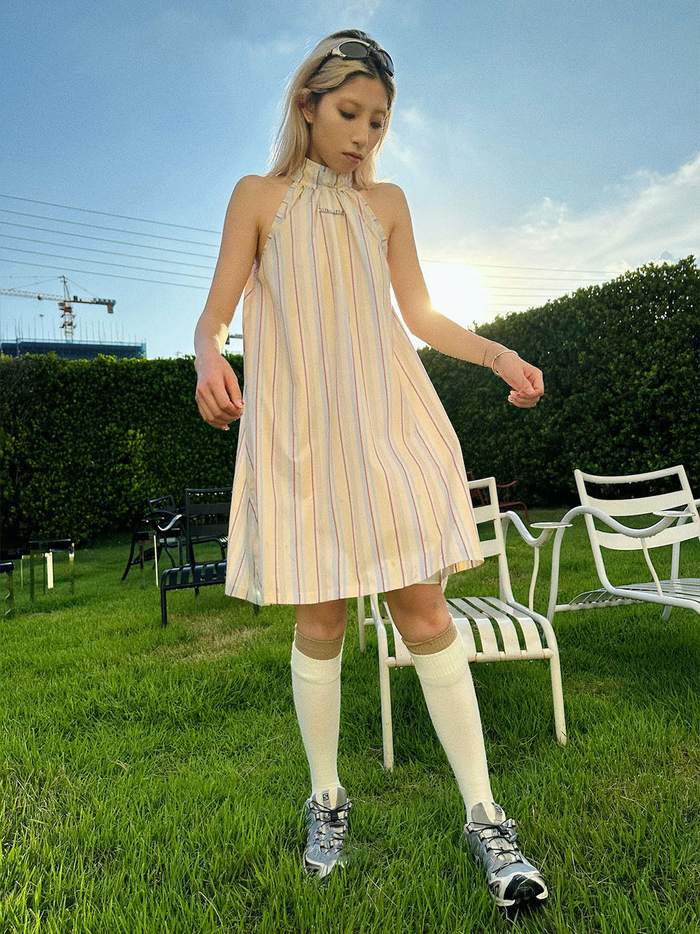 MUKTANK x TPG Yellow and White Striped Halter Neck Dress
