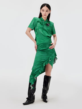 MUKZIN Green Irregular Lace Slim Midi Skirt