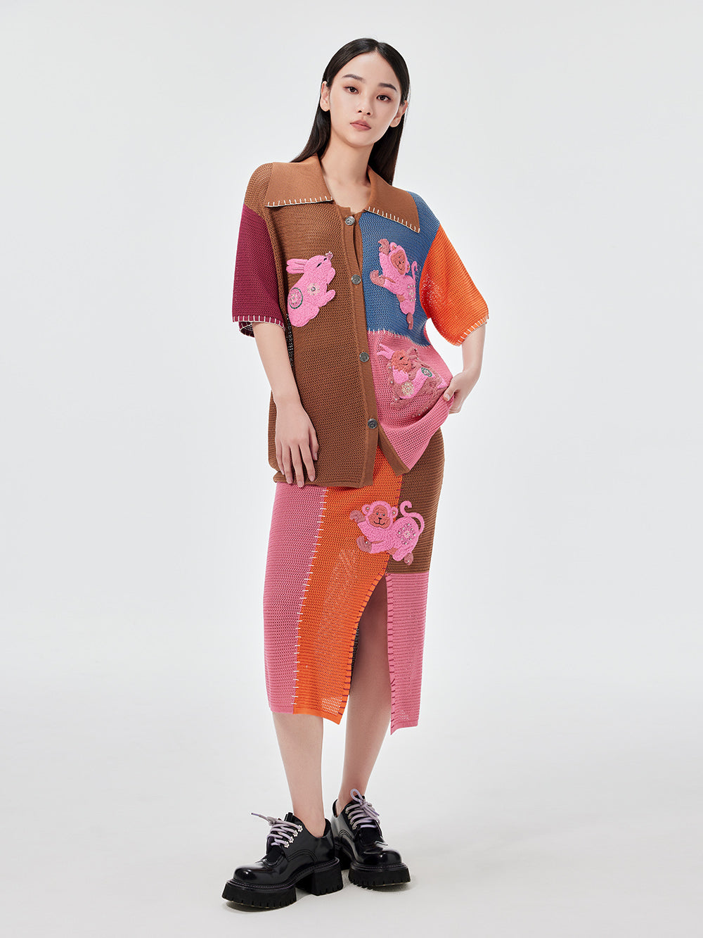 MUKZIN Knitted Multicolor Patchwork Straight Midi Skirt