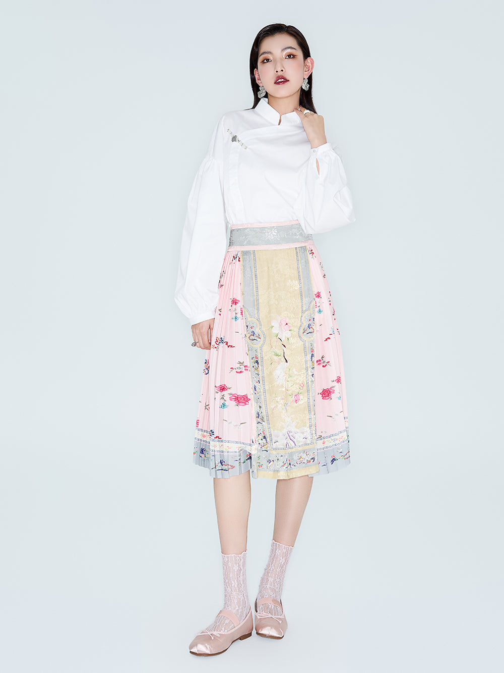 MUKZIN Linglong "Butterfly Love Flower" New Chinese-Inspired Printed Chiffon Cheongsam Skirt