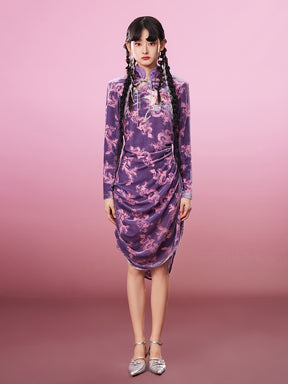 MUKZIN Waist Stand Collar Purple Embroidered Classic Cheongsam Dress