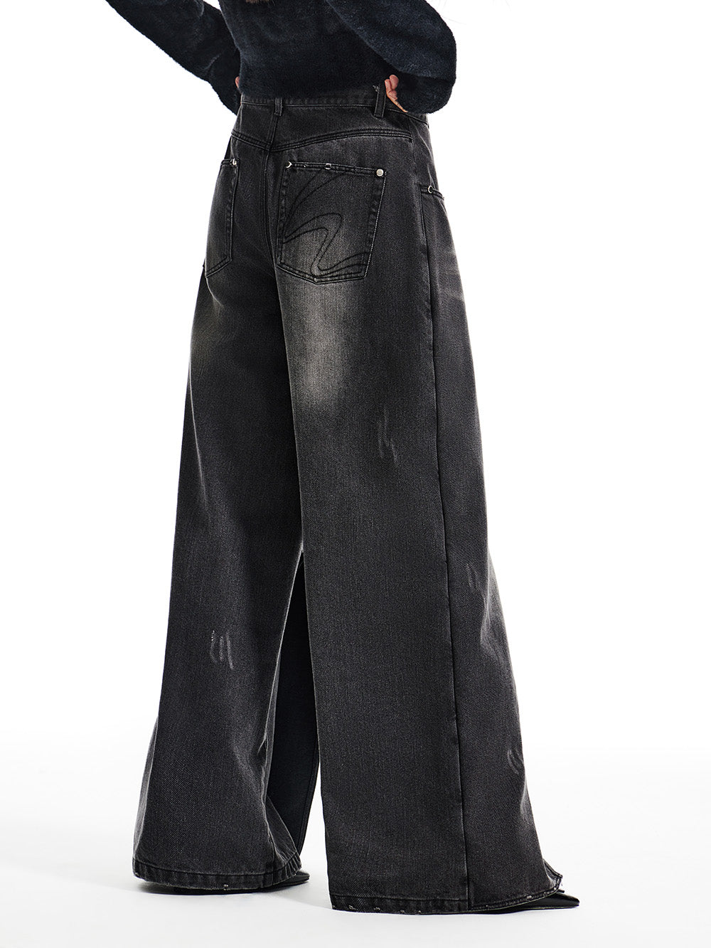 MUKTANK x WESAME LAB New Washed Grey Distressed Wide-Leg Jeans