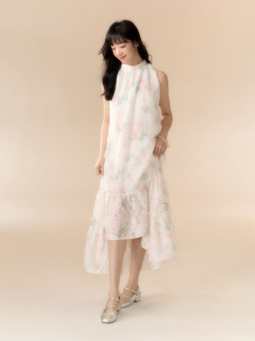 MUKTANK X LOUMUTAKU Floral Halter Neck Lace Beach Dress