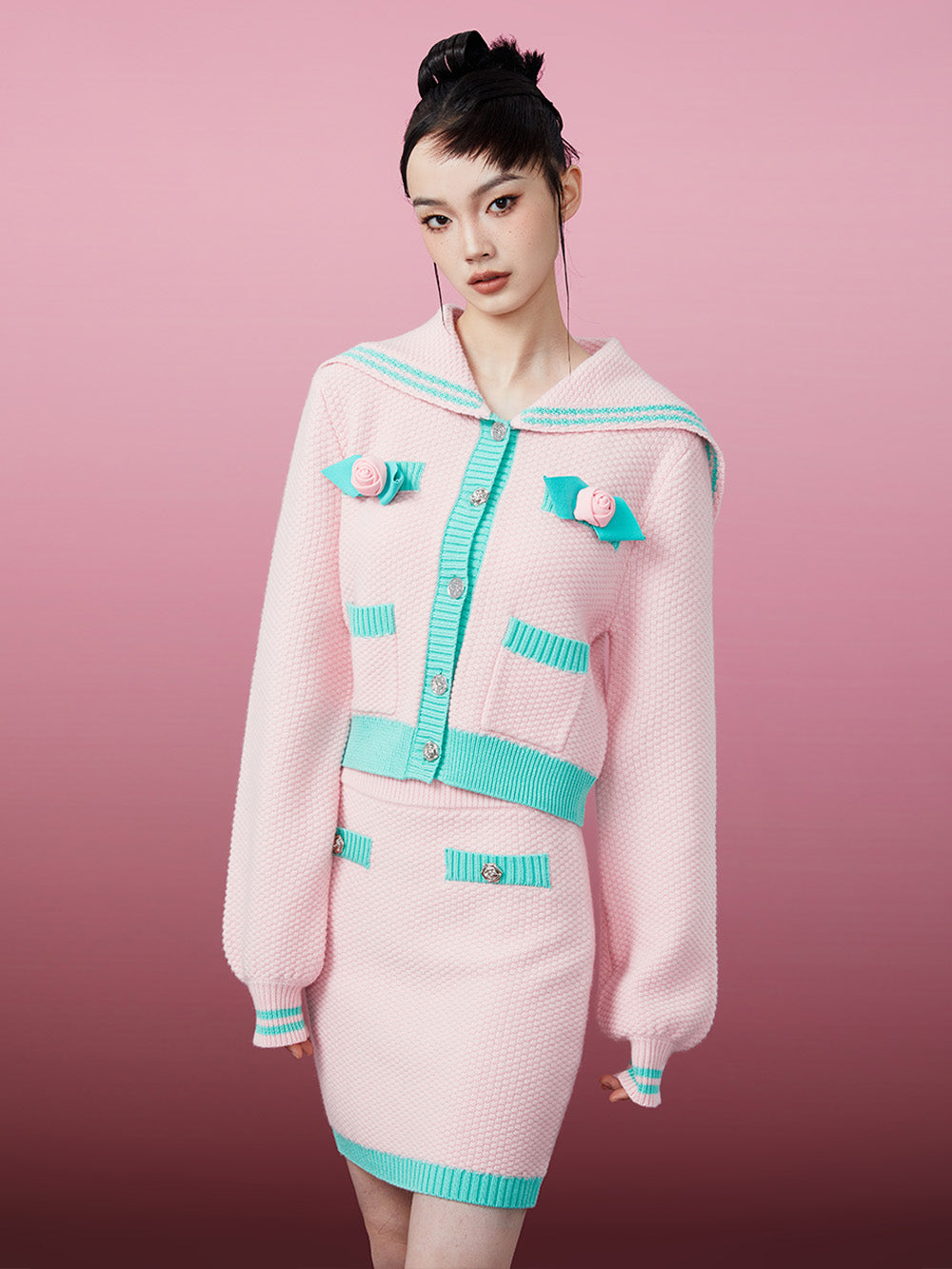 MUKZIN Pink and Green Color-blocking Knited Cardigan