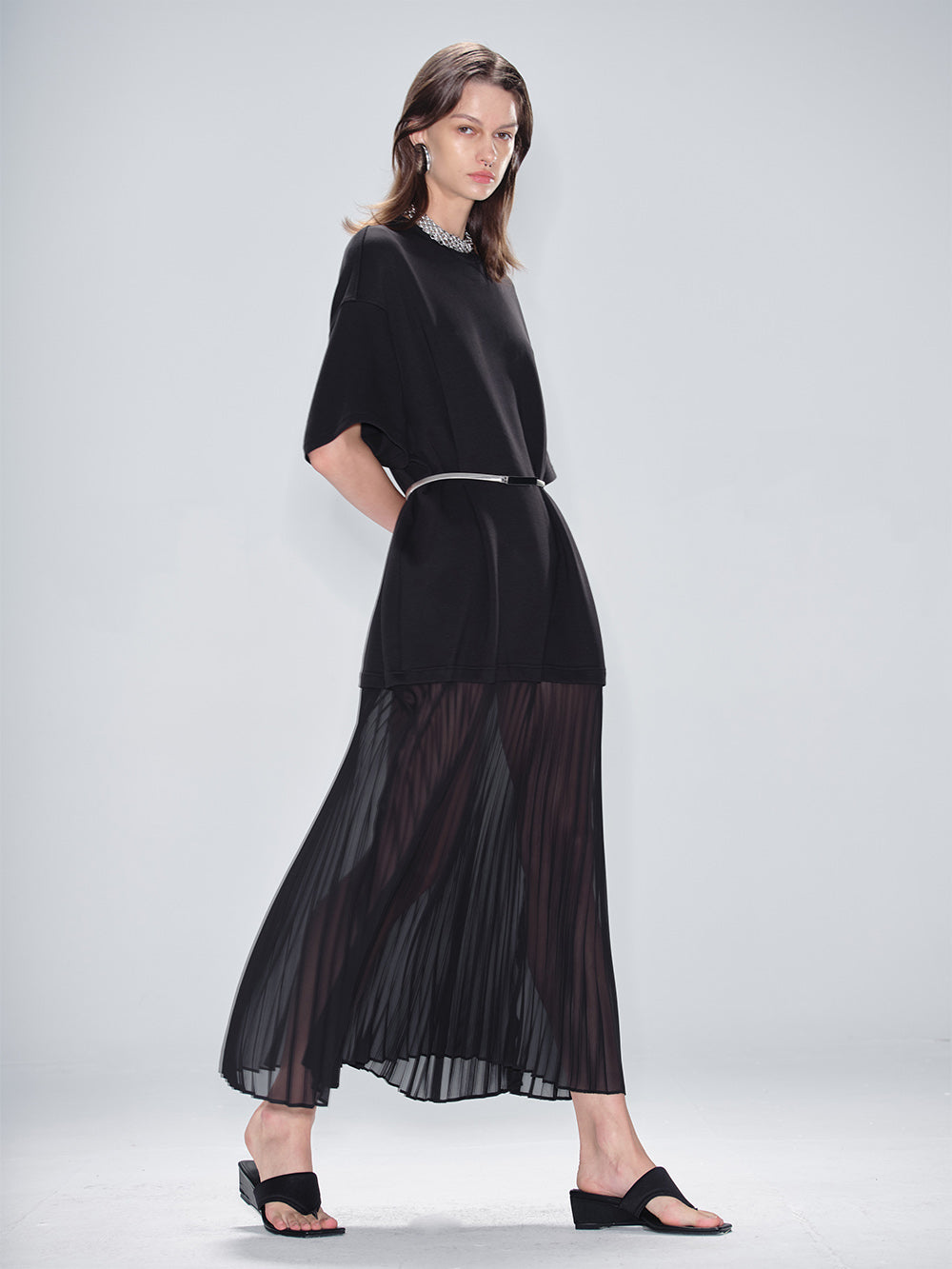 MUKTANK x MODULER Cotton Loose Pleated T-Shirt Dress Black / L