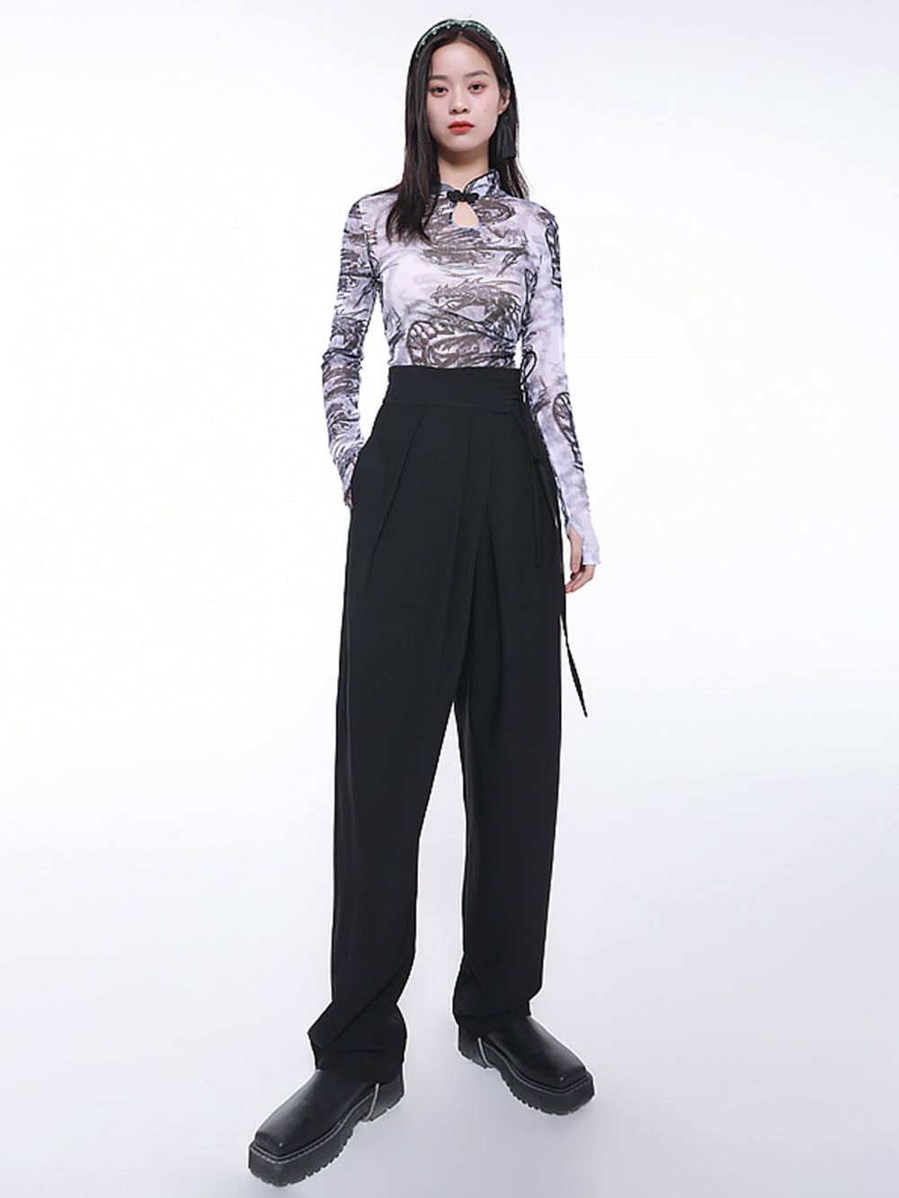 MUKTANK×CUUDICLAB High Waist Lace-up Suit Pants