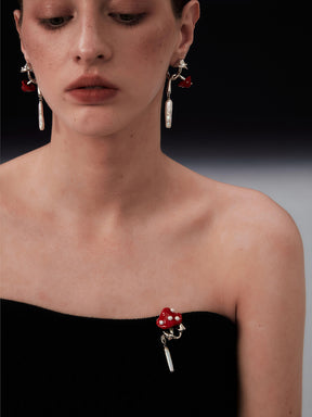 MUKTANKxPEARLONA Dangerous Garden -Twin Red Mushroom Silver Baroque Pearl Earrings