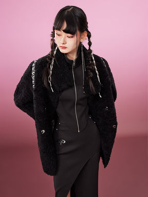MUKZIN Medium Long Black Embroidered Patchworks Fur Coat