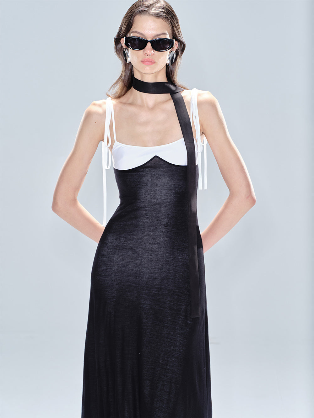 MUKTANK x MODULER Silk and Tencel Colorblock Spaghetti Strap Fitted Bud Dress