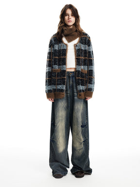 MUKTANK x WESAME Winter and Autumn Blue Faux Marten Fur Checked Knited Cardigan
