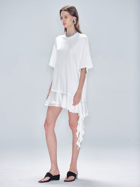 MUKTANK x MODULER Cotton Loose Asymmetrical Ruffle Design T-Shirt Dress