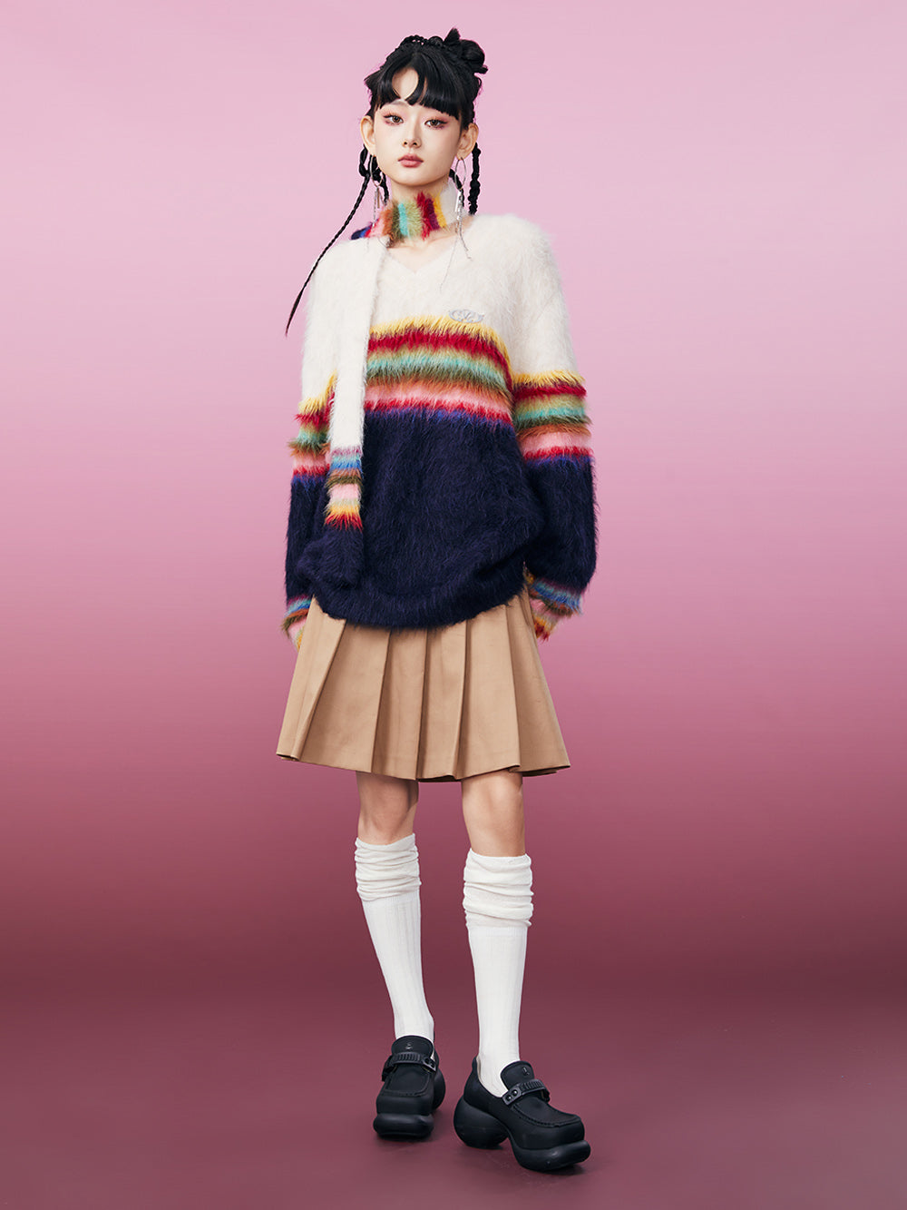 MUKZIN Rainbow Striped Oversized Sweater with Scarf