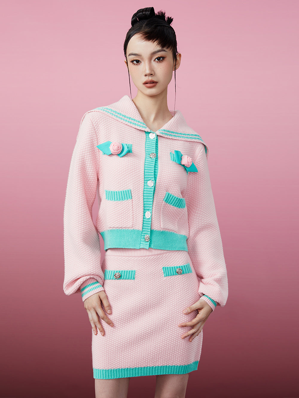 MUKZIN Pink and Green Color-blocking Knited Cardigan