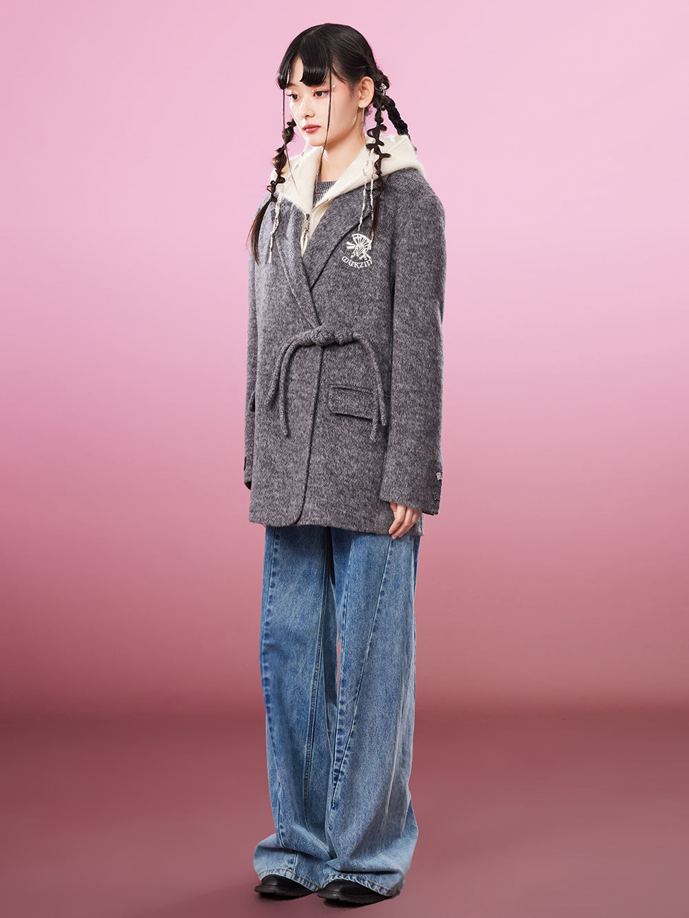 MUKZIN Gray/Pink Lively Double-faced Woolen Coat