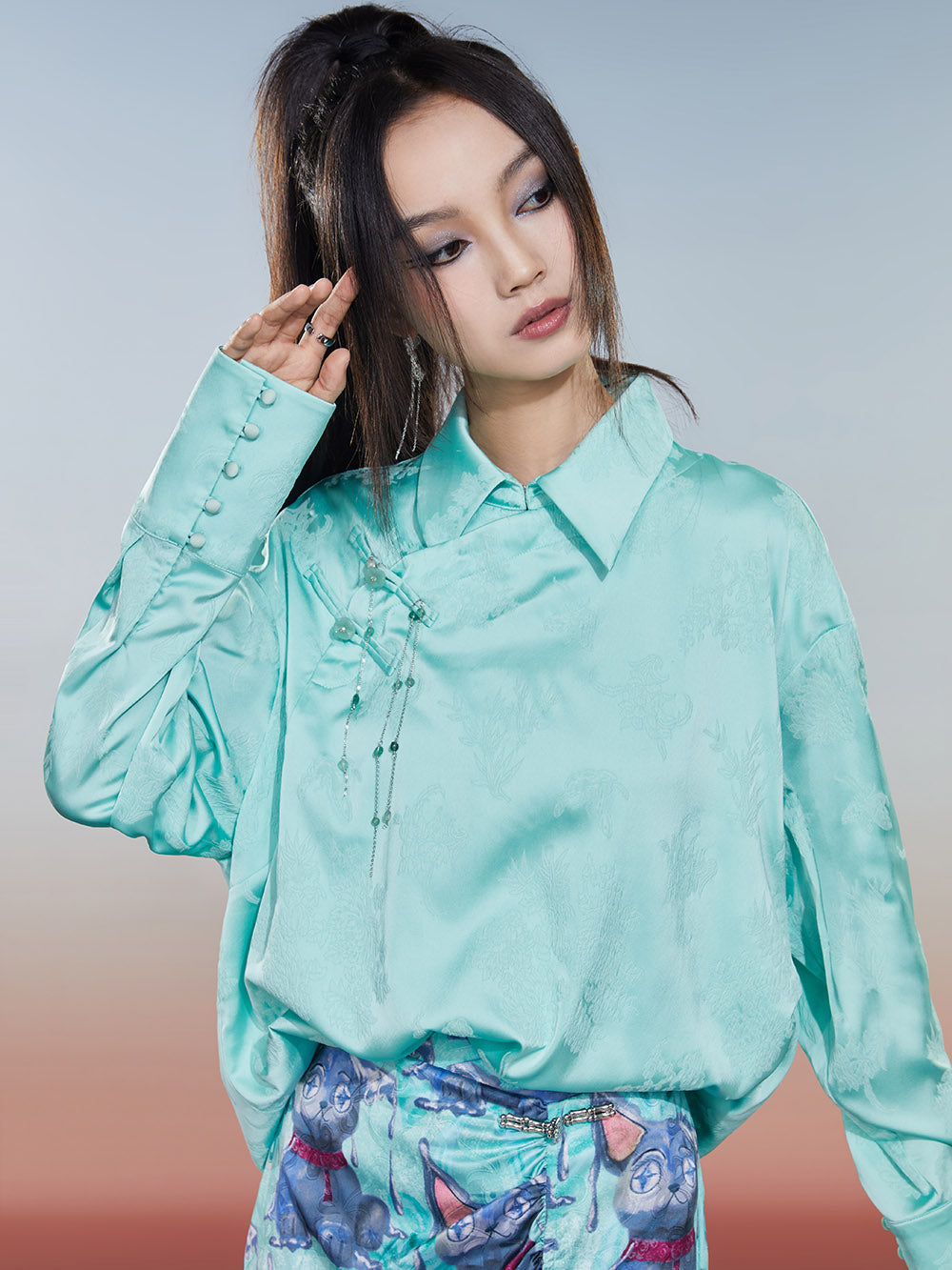 MUKZIN Solid Color Retro Floral Jacquard Chinese Style Shirt