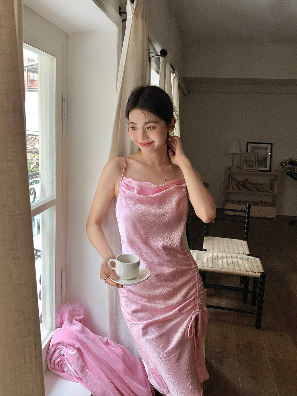 WS Rose Red/Pink Side Slit Strap Night Dress M / Red WS Rose Red/Pink Side Slit Strap Night Dress M / Red