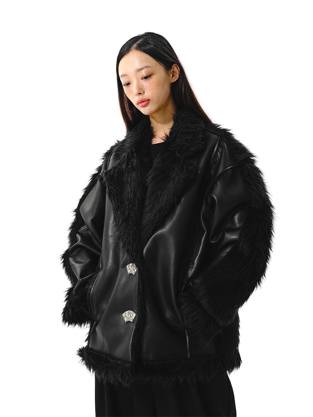 MUKTANK x LOUNUTAKU Black Fur Spliced Metal Fan Button Jacket