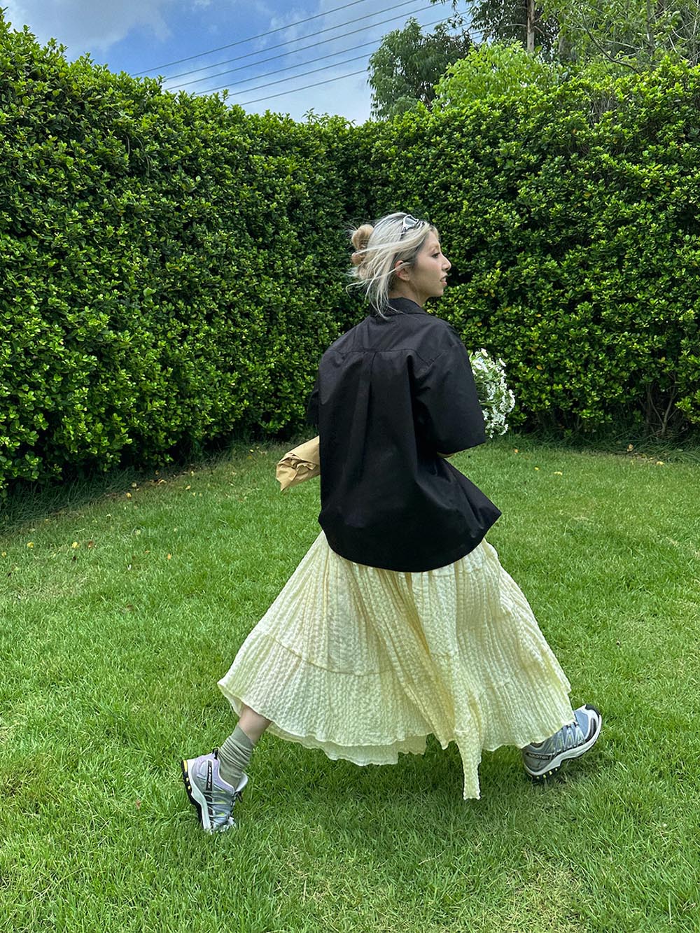 MUKTANK x TPG Yellow Crinkle Pleated Voluminous Vacation-Style A-Line Skirt