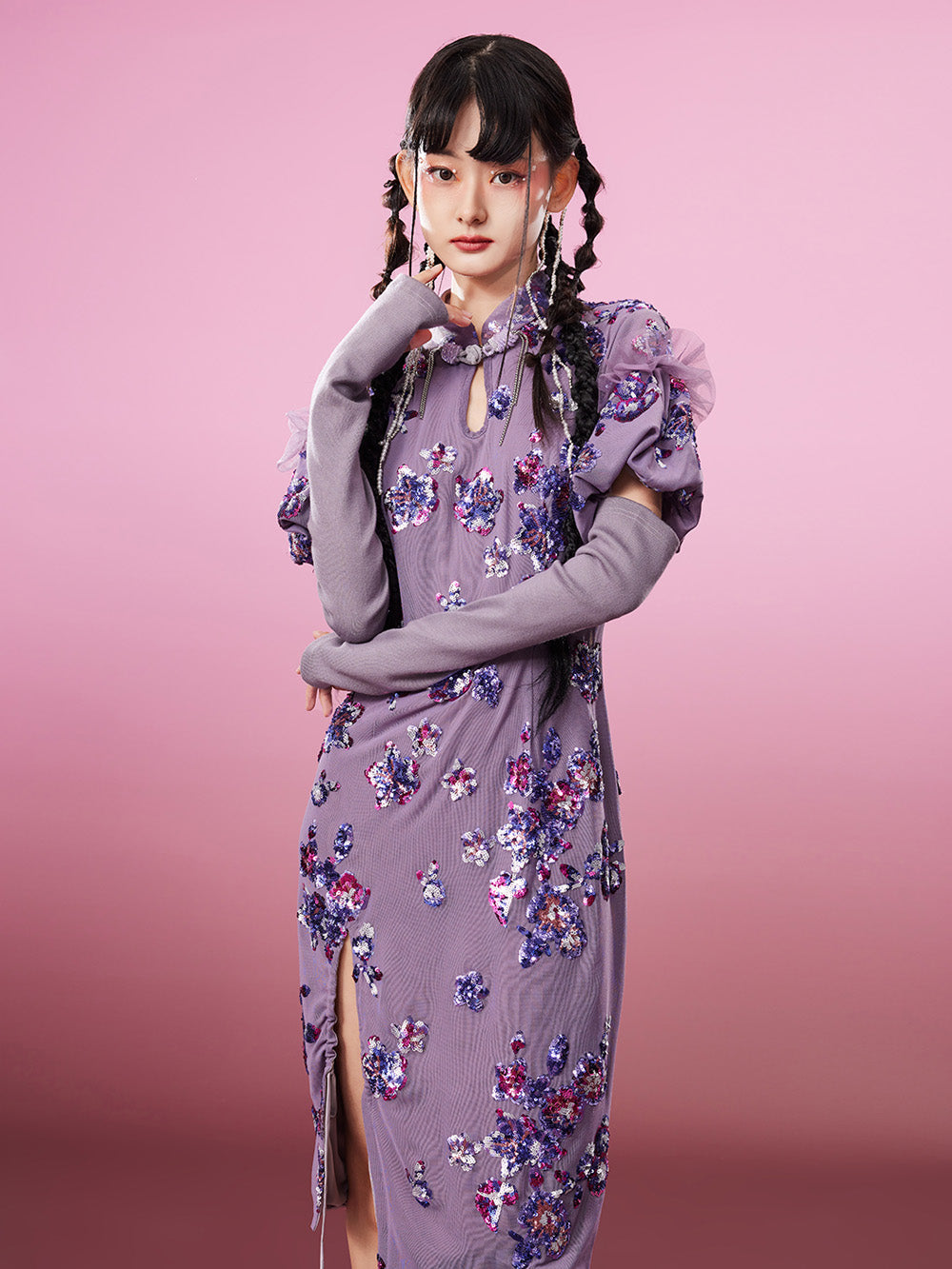 MUKZIN Charming Slim-fitting Purple Slit Original Cheongsam Dress