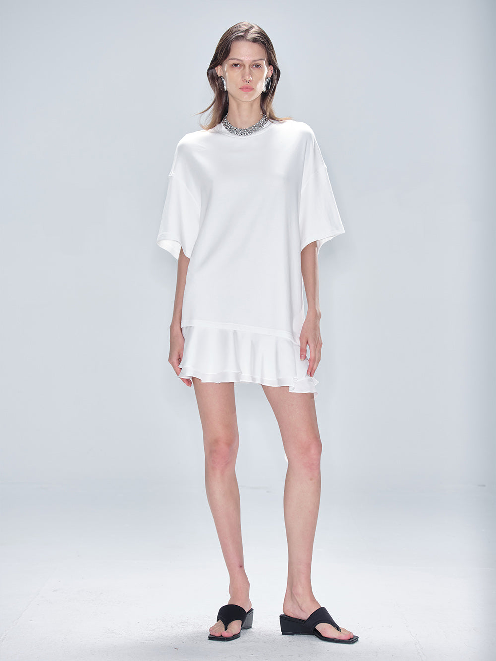 MUKTANK x MODULER Cotton Loose Asymmetrical Ruffle Design T-Shirt Dress