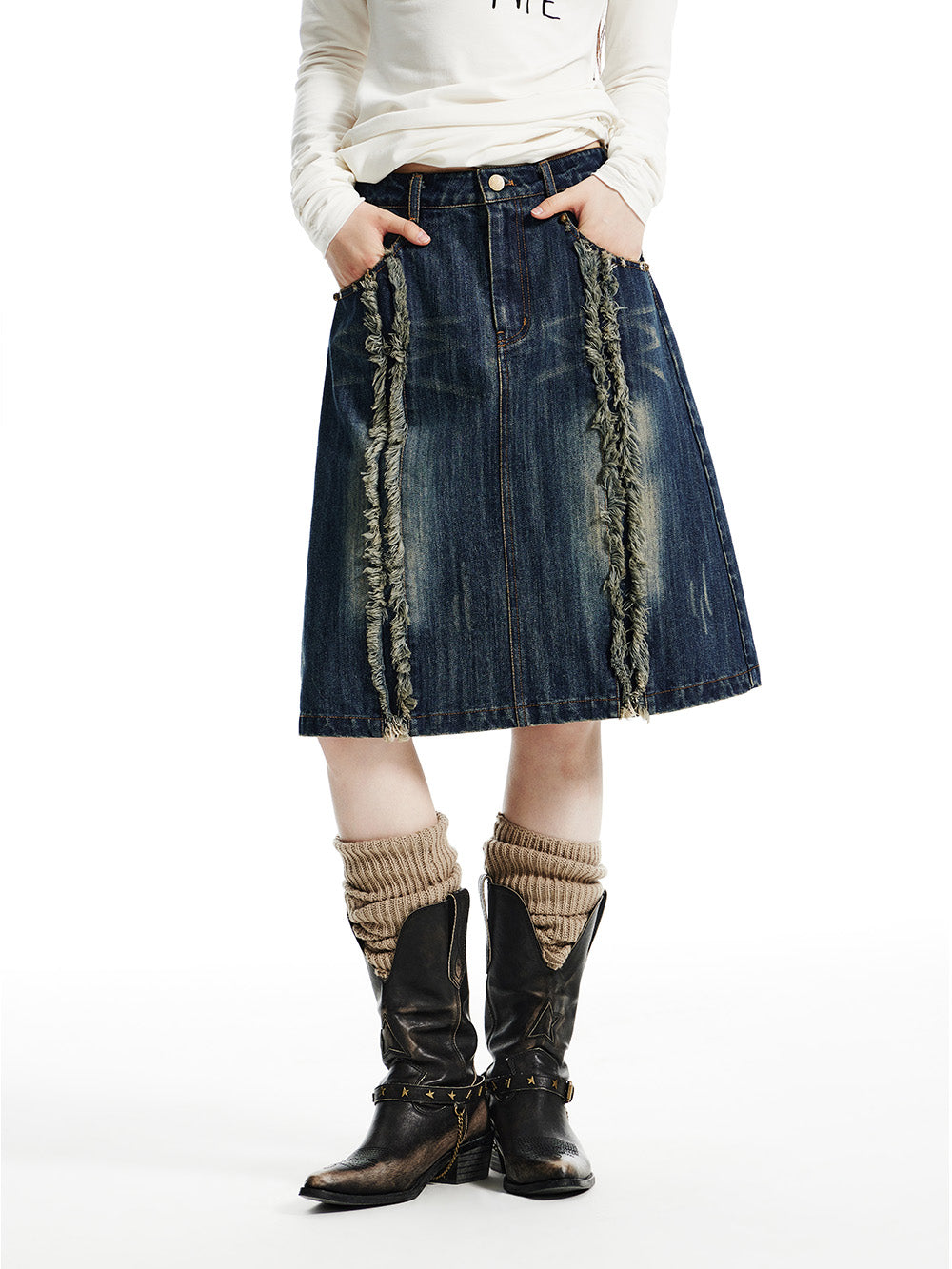 MUKTANK x WESAME LAB Early Spring Vintage Whisker Washed Denim A-line Midi Skirt