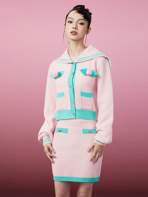 MUKZIN Pink and Green Color-blocking Knited Cardigan